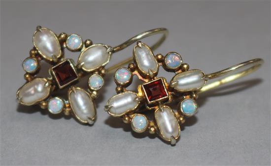 A pair of silver gilt, garnet, white opal and mother of pearl cluster earrings, 17mm.